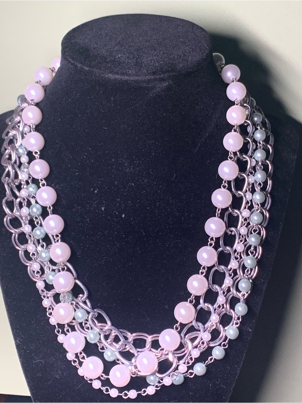 Multi-Strand White & Green Bead & Chain Necklace - Elegant Women's Jewelry